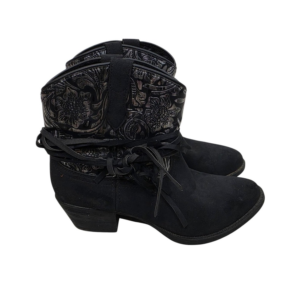 DINGO Valerie Boots Womens 7 Black Floral Western Ankle Booties Pull On Cowgirl